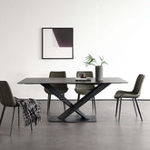 Black marble dining table with sintered stone top and X-base, measuring 70.87 inches